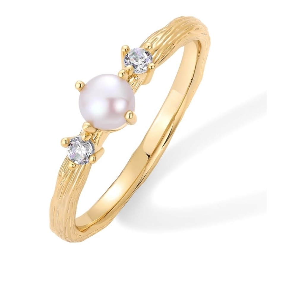 14K Gold Plated Pearl Hammered Dainty Elegant Stackable CZ Thin Ring - Picture 5 of 5